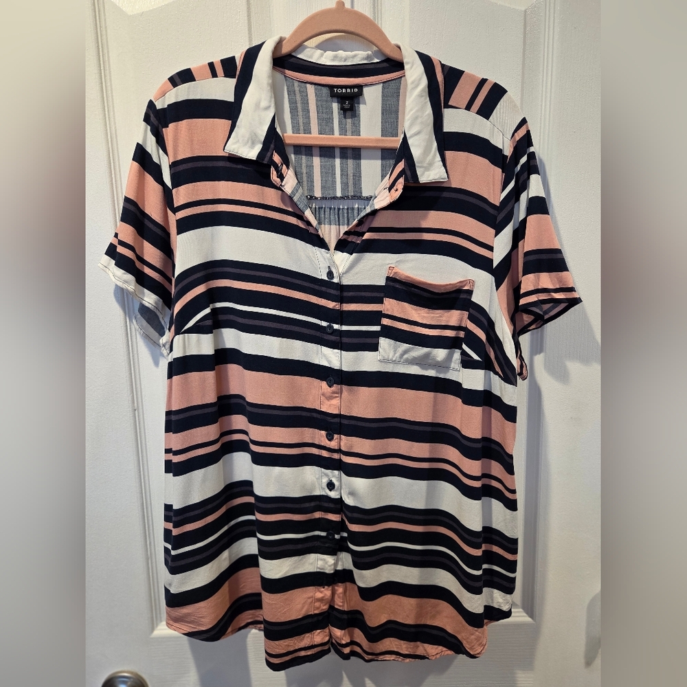 Torrid Casual Striped Button-Down Shirt in Pink, Navy, and White